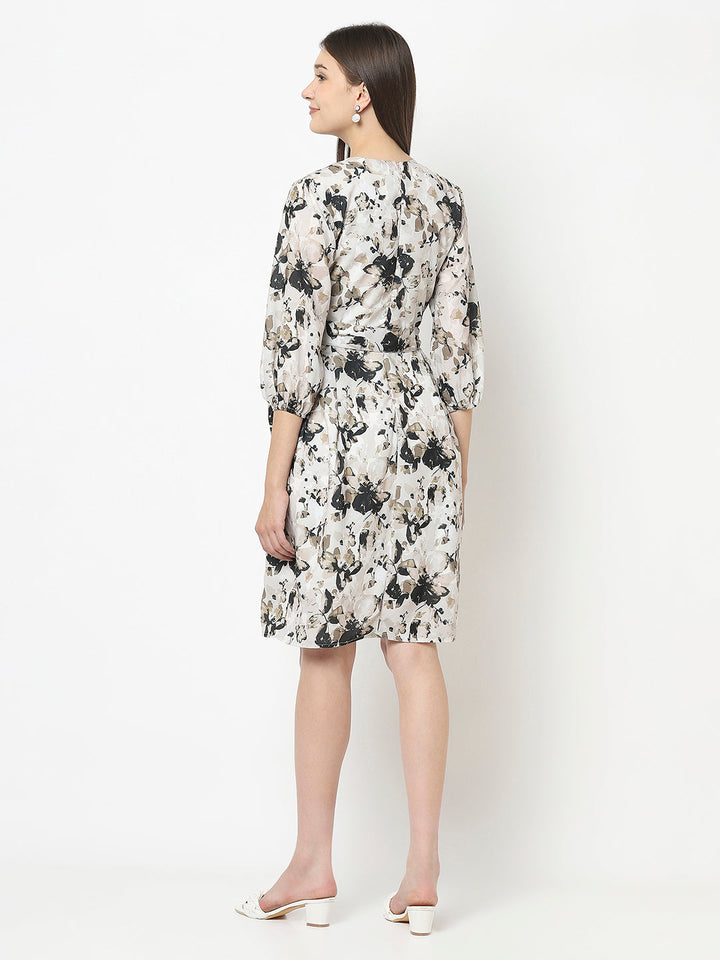 Off-White Floral Dress with Tie-Up Detail