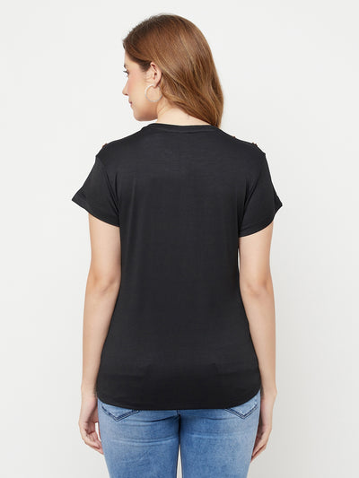 Black Printed Round Neck T-Shirt - Women T-Shirts