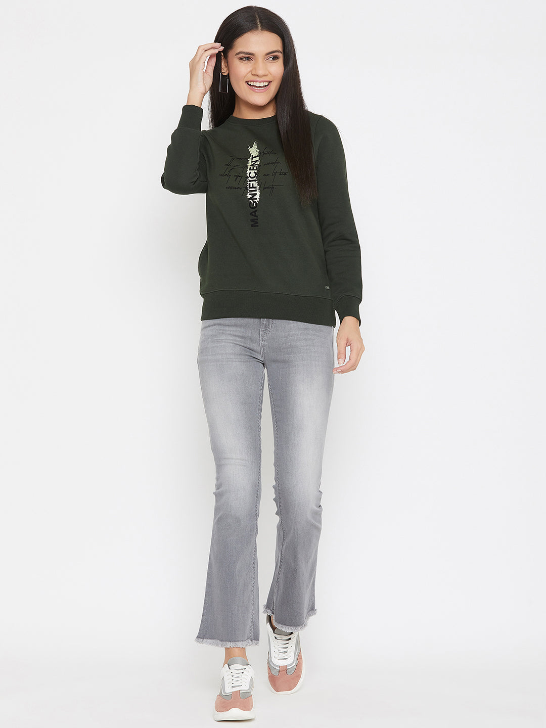 Olive Printed Round Neck Sweatshirt - Women Sweatshirts