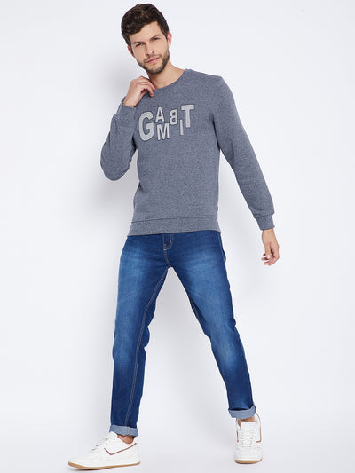 Blue Printed Round Neck Sweatshirt - Men Sweatshirts