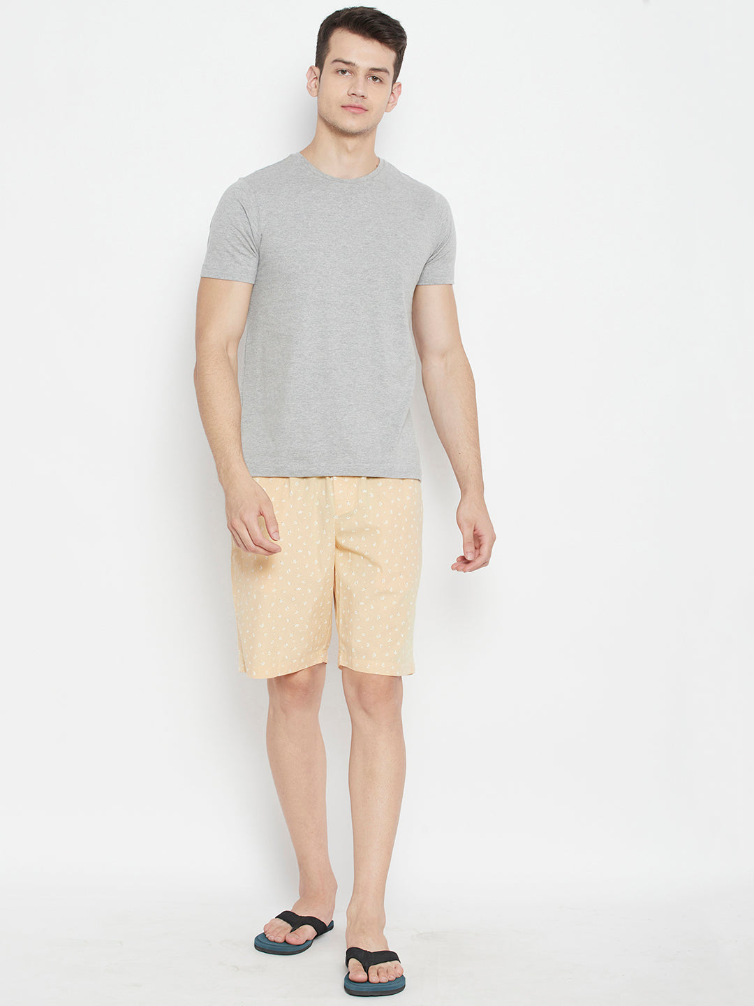 Cream Printed Slim Fit Lounge Shorts - Men Lounge Shorts