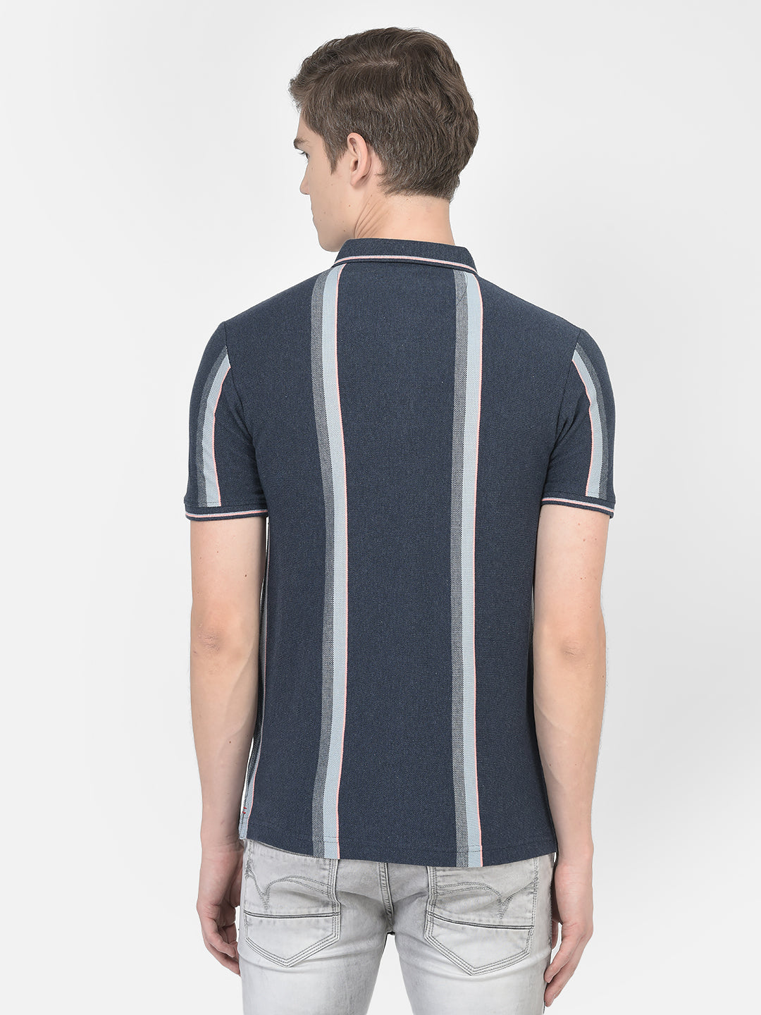  Navy Blue Wide Striped Polo T-Shirt