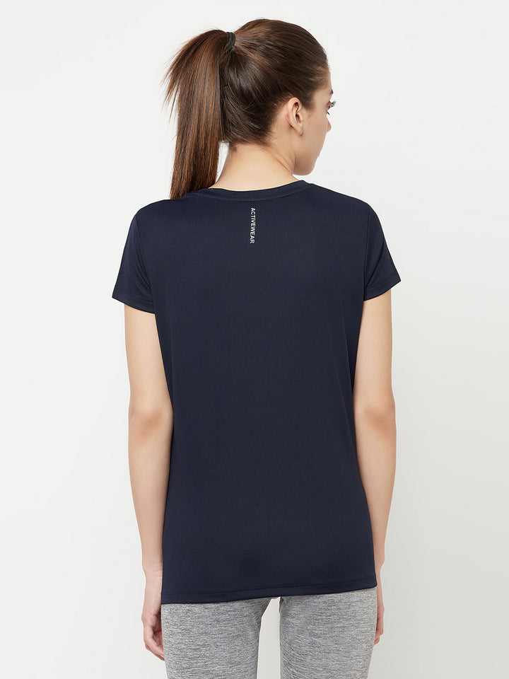 Navy Blue Round Neck Sports T-Shirt - Women T-Shirts