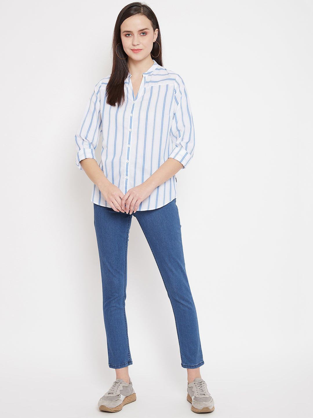 Striped Slim Fit V neck Casual Shirt - Women Shirts