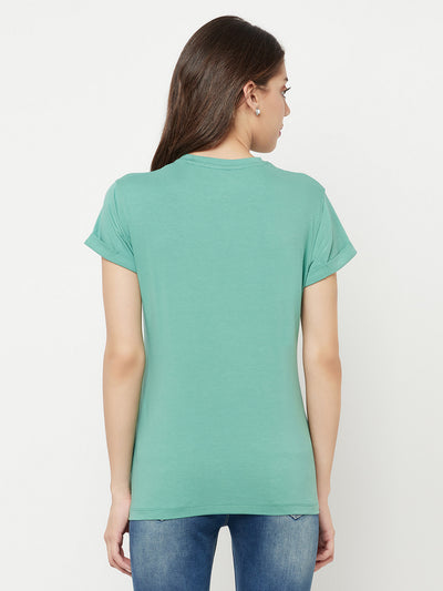 Mint Green Printed Round Neck T-Shirt - Women T-Shirts