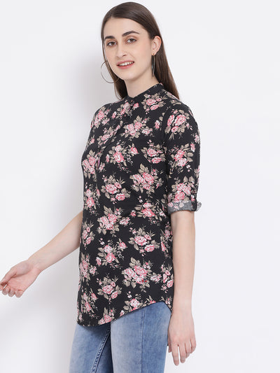 Navy Blue Printed Mandarin Collar Slim Fit Shirt - Women Shirts