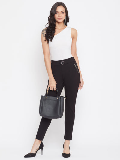 Black Solid Skinny fit Trousers-Women Trousers-Crimsoune Club