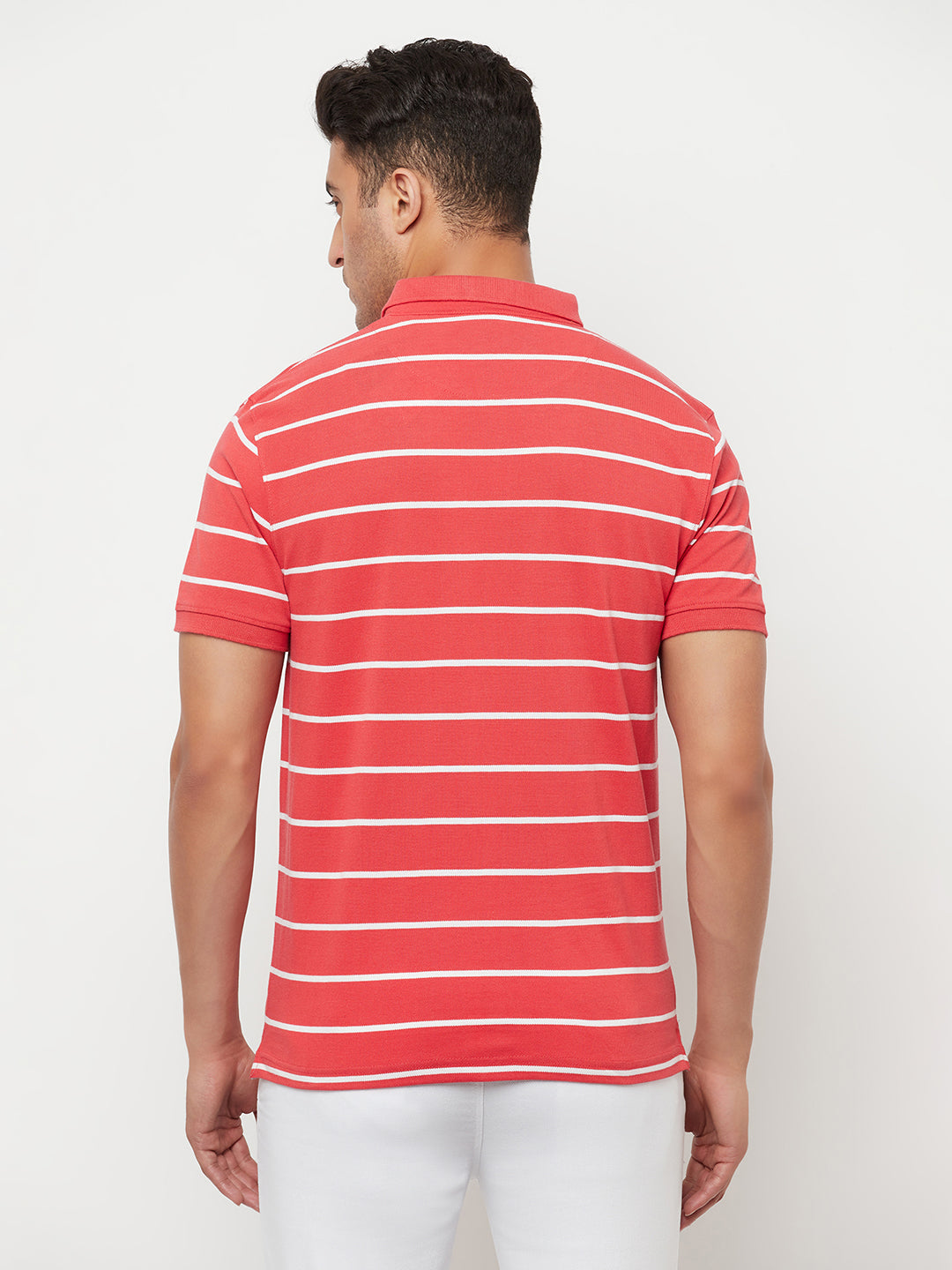 Coral Red Striped Polo T-Shirt - Men T-Shirts