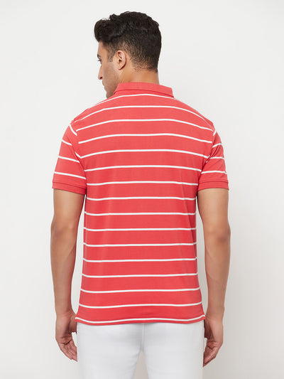Coral Red Striped Polo T-Shirt - Men T-Shirts