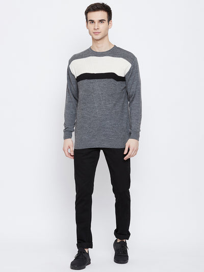 Grey Colorblocked Round Neck Sweater - Men Sweaters