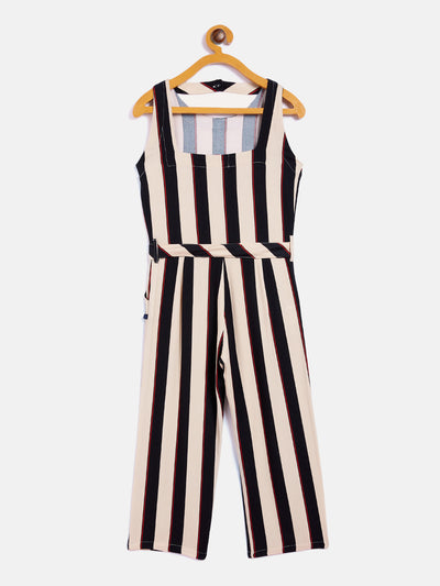 Black Striped Round Neck Jumpsuit - Girls Jumpsuit