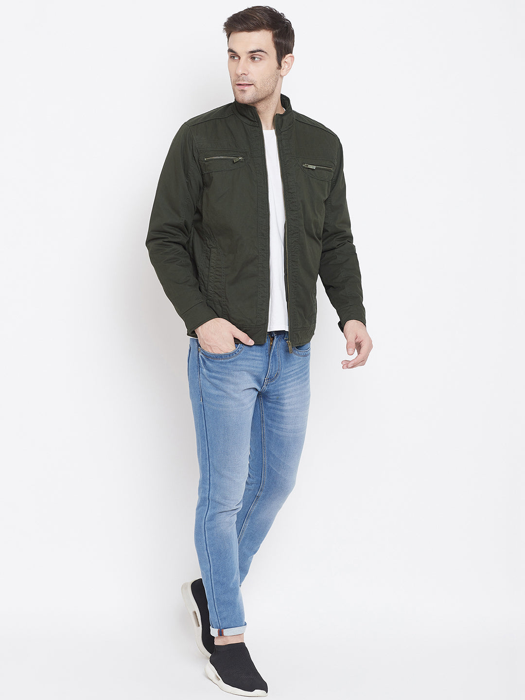 Olive Solid Mandarin Collar Jackets-Mens Jacket-Crimsoune Club