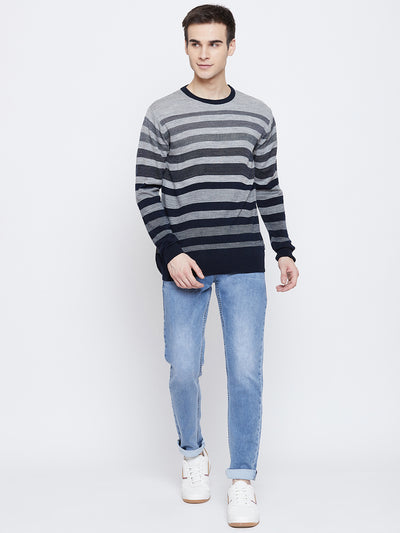 Navy Blue Striped Round Neck Sweater - Men Sweaters