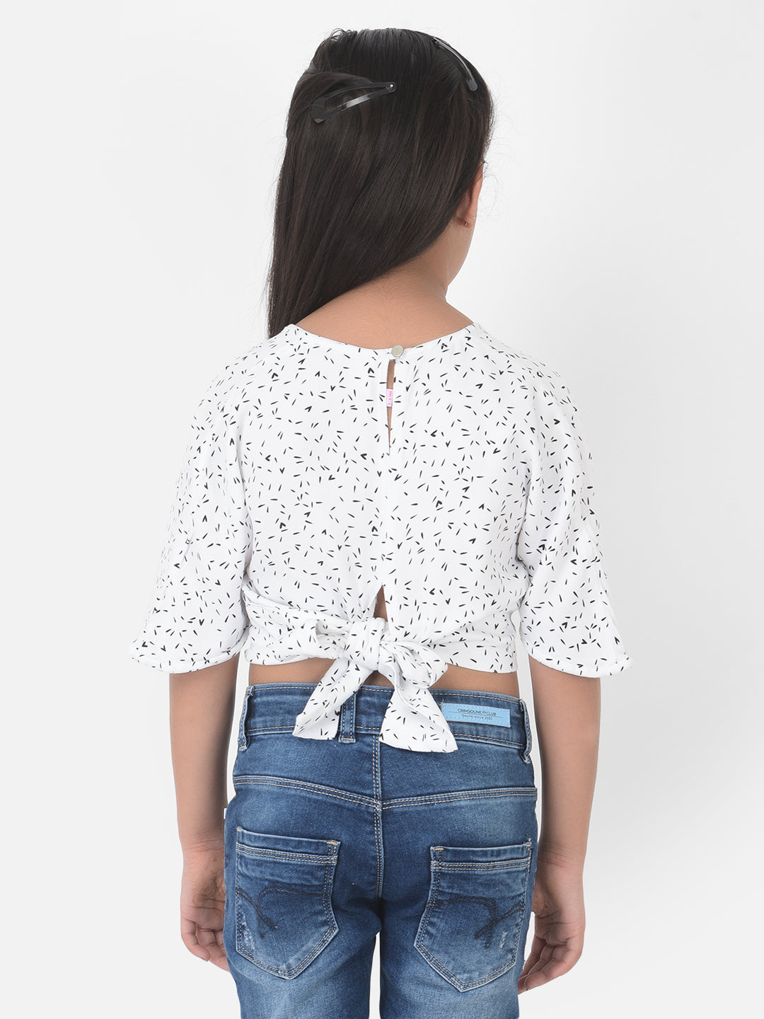 White Printed V-Neck Crop Top - Girls Tops