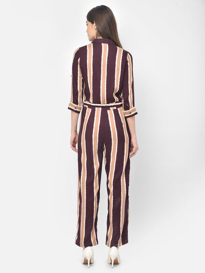 Maroon Striped Spread Collar Jump Suit - Women Jumpsuits