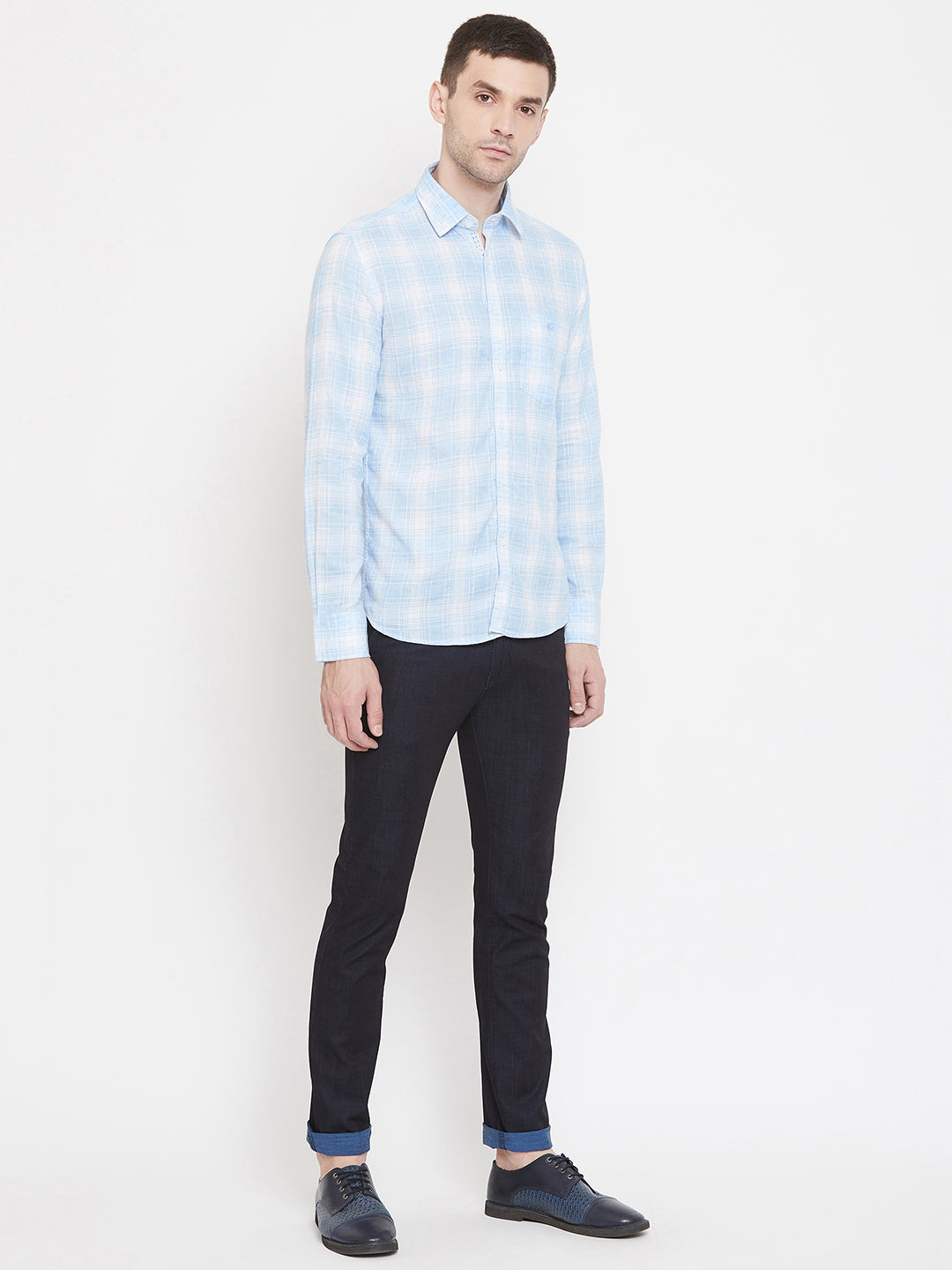 Blue Checked Spread Collar Slim Fit Shirt - Men Shirts