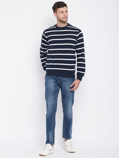 Navy Blue Striped Round Neck Sweatshirt - Men Sweatshirts