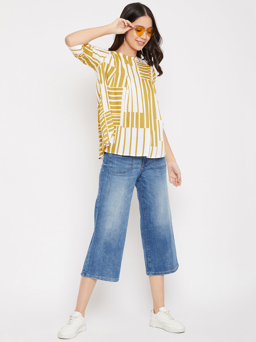 Yellow and White Colour blocked Top - Women Tops