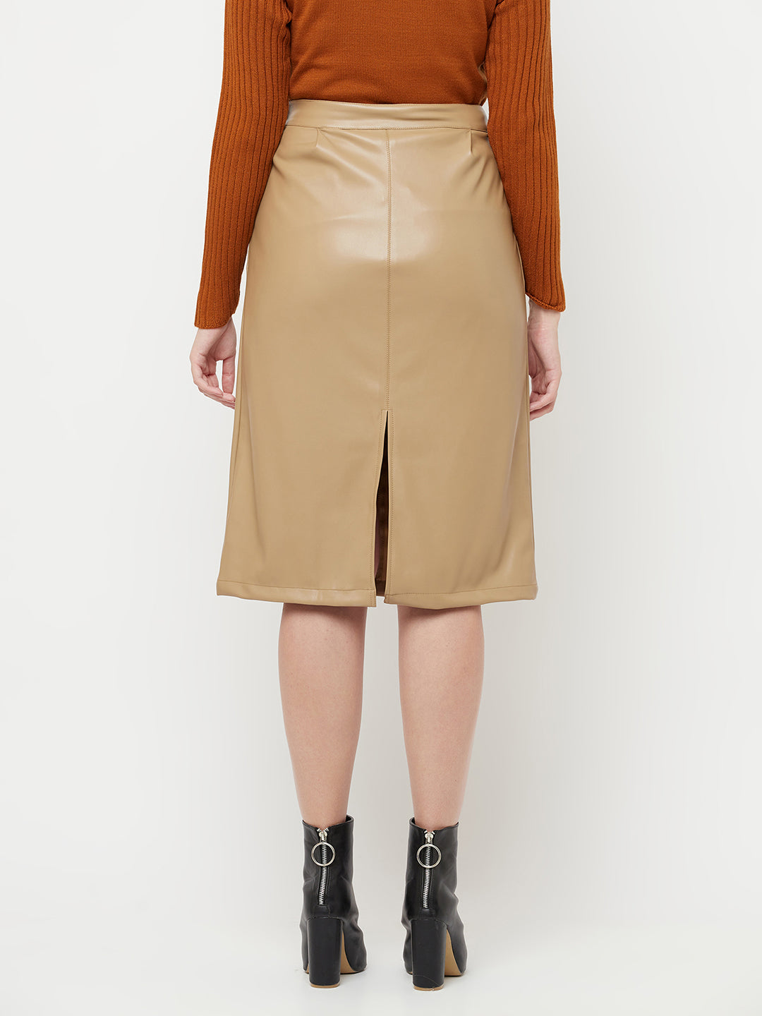 Beige Midi A-Line Leather Skirt - Women Skirts