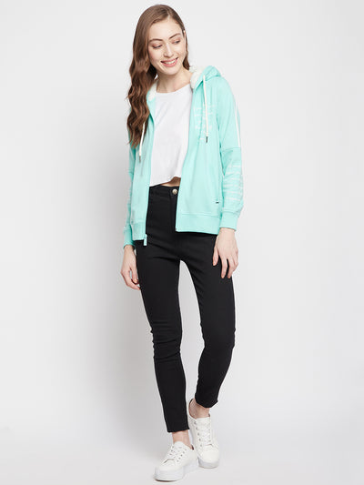 Mint Green Printed Hooded Sweatshirt - Women Sweatshirts