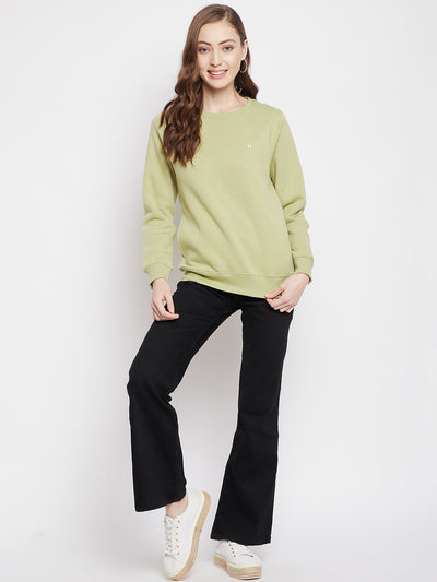 Crimsoune Club Women Olive Solid Round Neck Sweatshirt-Women Sweat Shirts-Crimsoune Club
