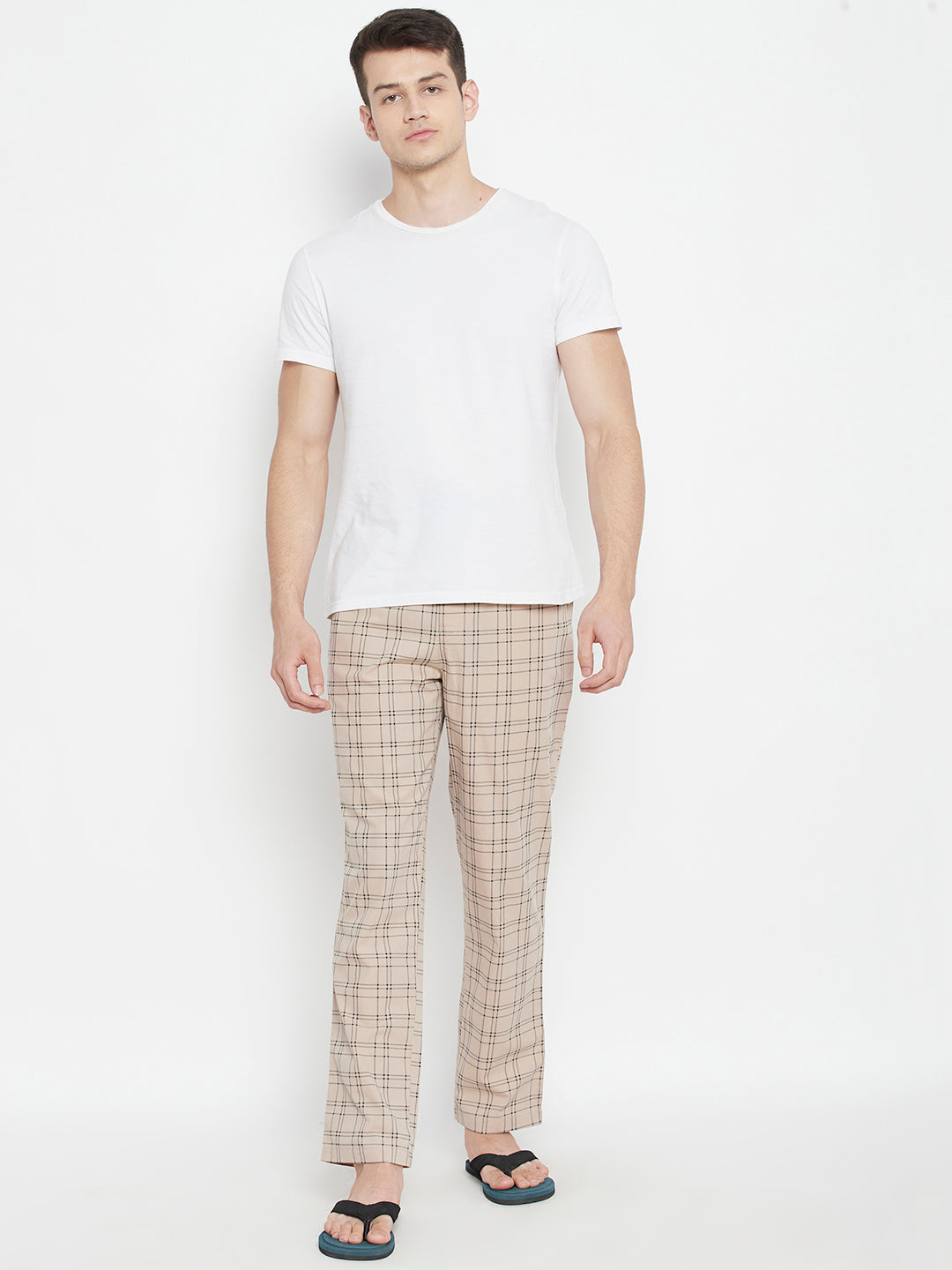 Cream Checked Smart Fit Lounge Pants - Men Lounge Pants