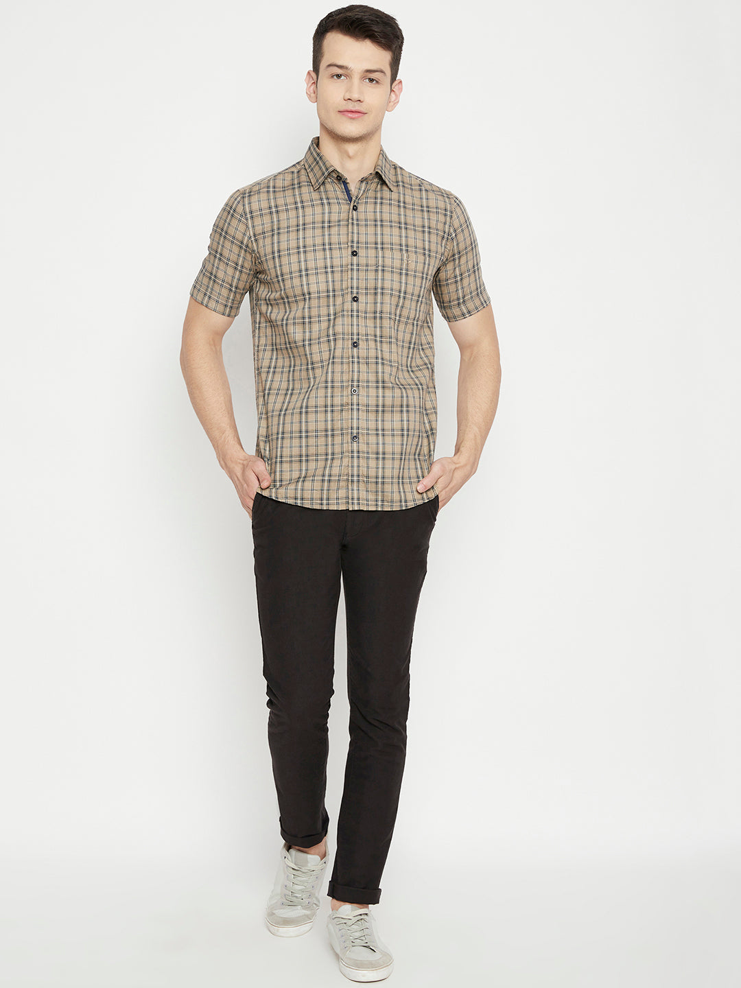 Beige Checked Slim Fit shirt - Men Shirts