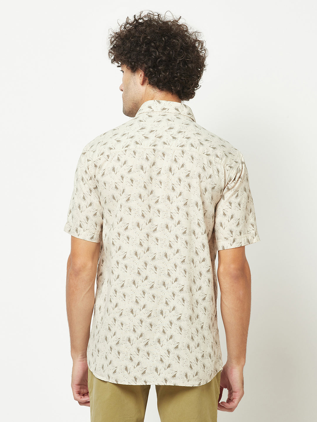 Beige Short-Sleeved Floral Shirt