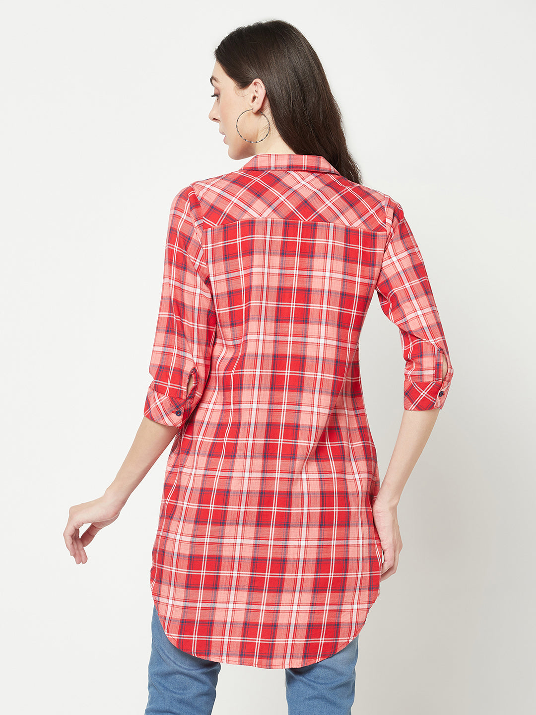  Red Checked Longline Shirt