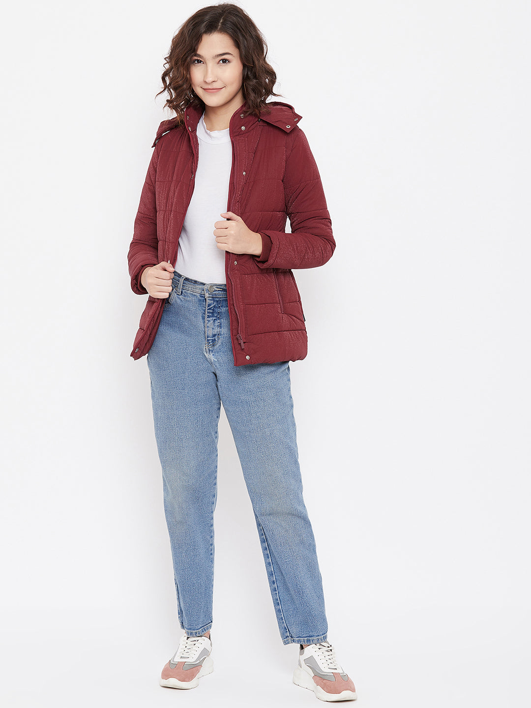 Maroon Detachable Hood Jacket - Women Jackets