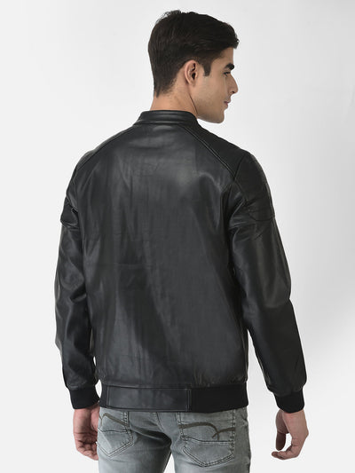  Black Leather Jacket with Logo Work 