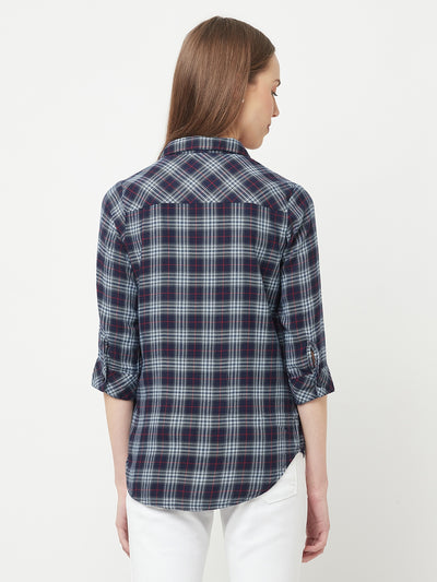 Navy Blue Tartan Checks Shirt - Women Tops