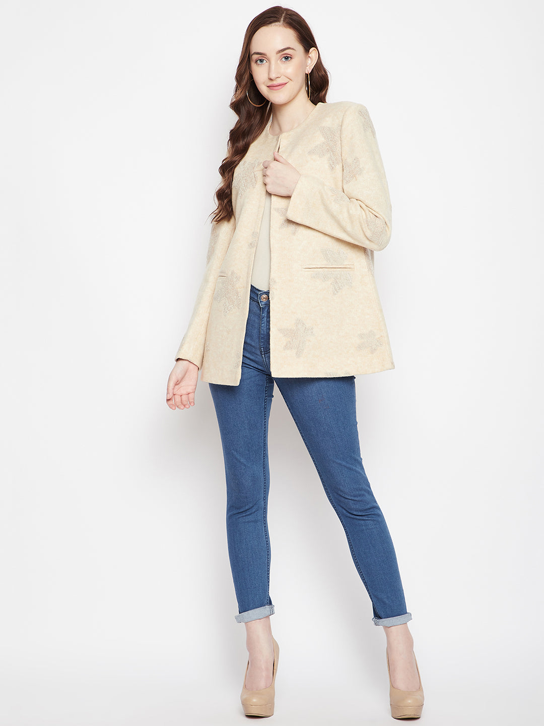 Beige Floral Round Neck Blazer-Women Blazer-Crimsoune Club