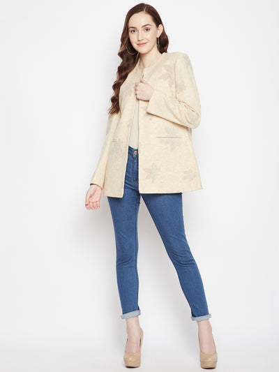 Beige Floral Round Neck Blazer-Women Blazer-Crimsoune Club