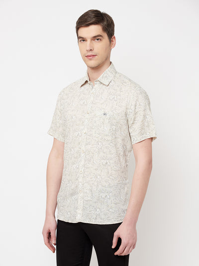 Beige Floral Linen Shirt - Men Shirts