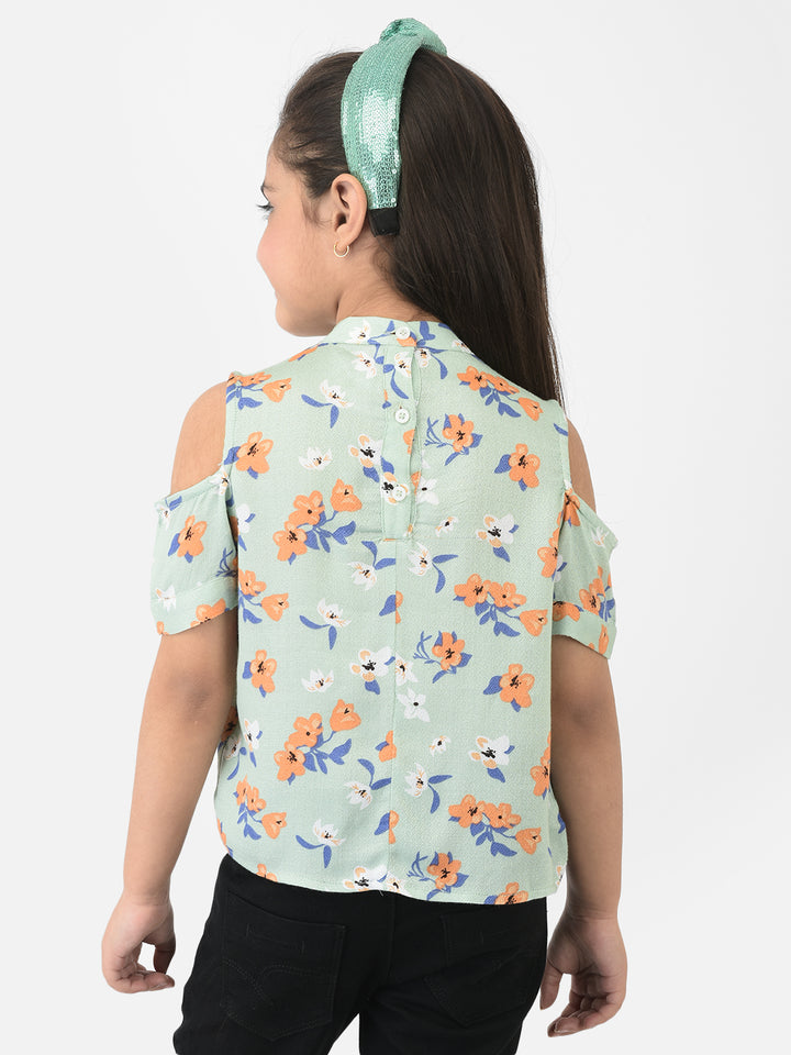 Green Cold Shoulder Sleeves Floral Printed Top - Girls Tops