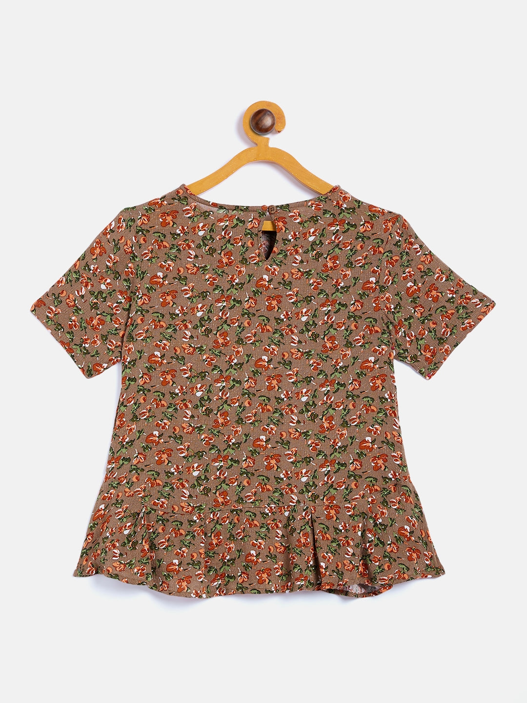 Brown Printed Round Neck Top - Girls Tops