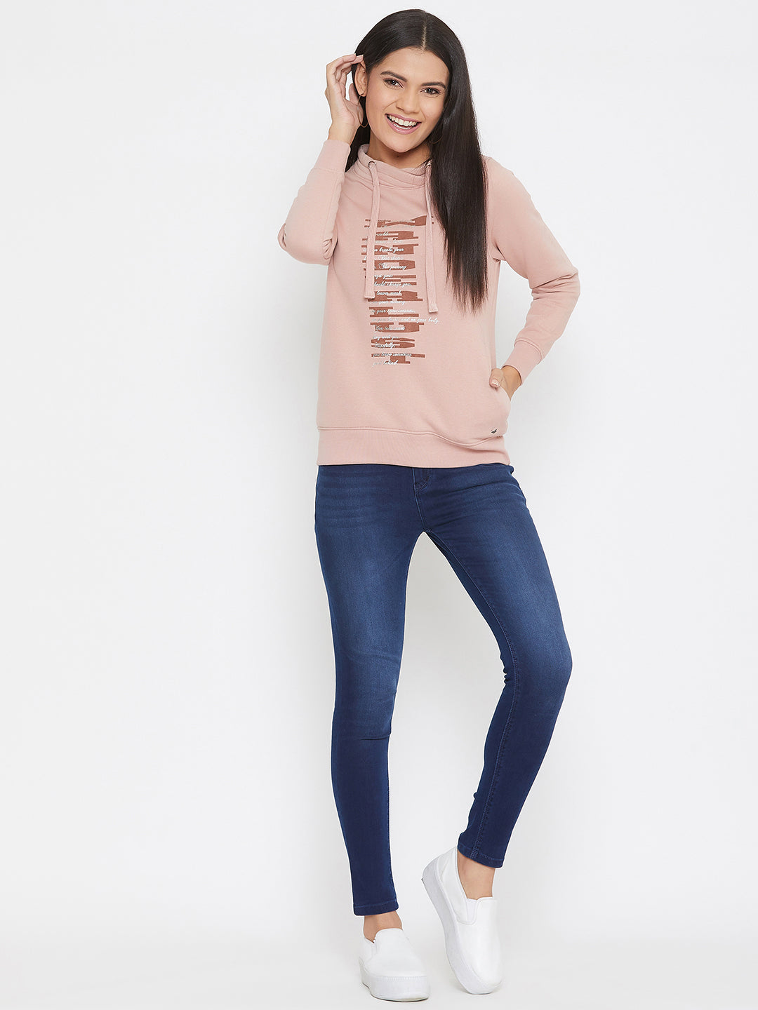 Pink Printed Mock Neck Sweatshirt - Women Sweatshirts