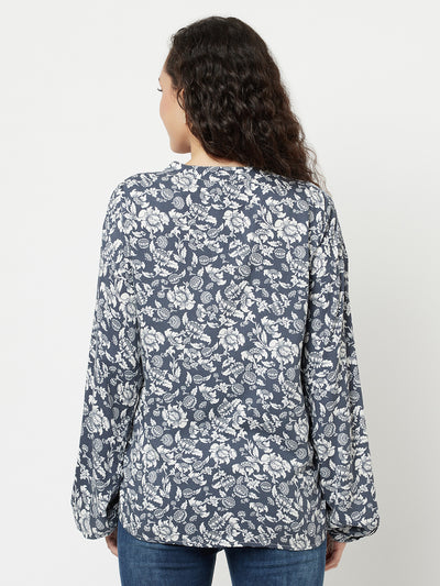 Grey Floral Printed Top-Women Tops-Crimsoune Club