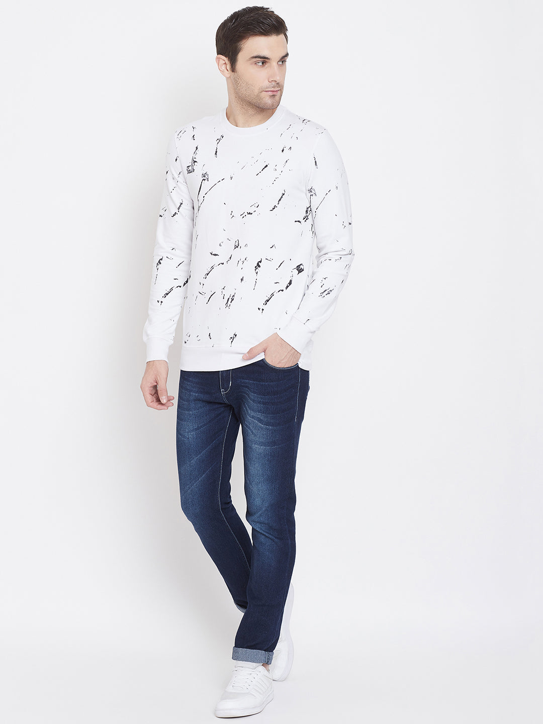 White Printed Round Neck Sweatshirt - Men Sweatshirts