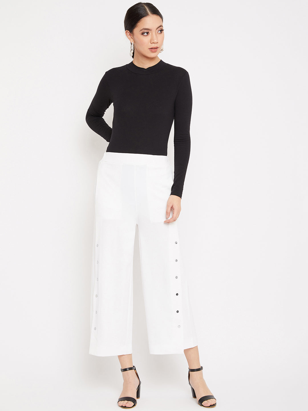 White Cotton Flared Trousers - Women Trousers