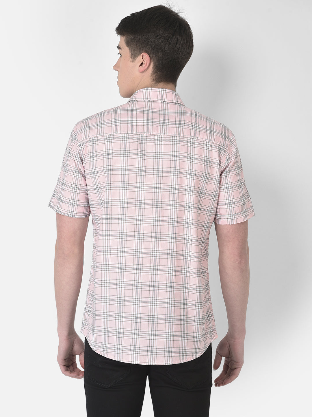  Light Pink Short-Sleeved Checked Shirt 