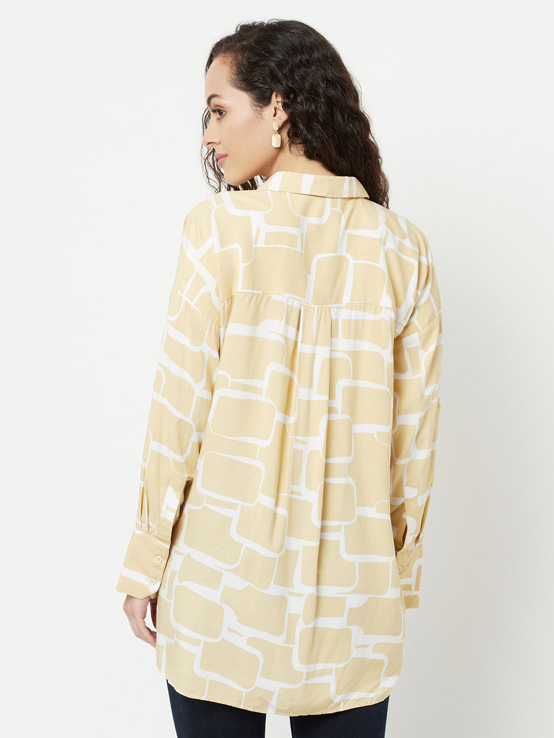 Beige Printed High-Low Shirt-Women Shirts-Crimsoune Club