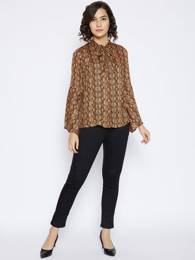 Beige Printed Tie-up Neck Top - Women Tops