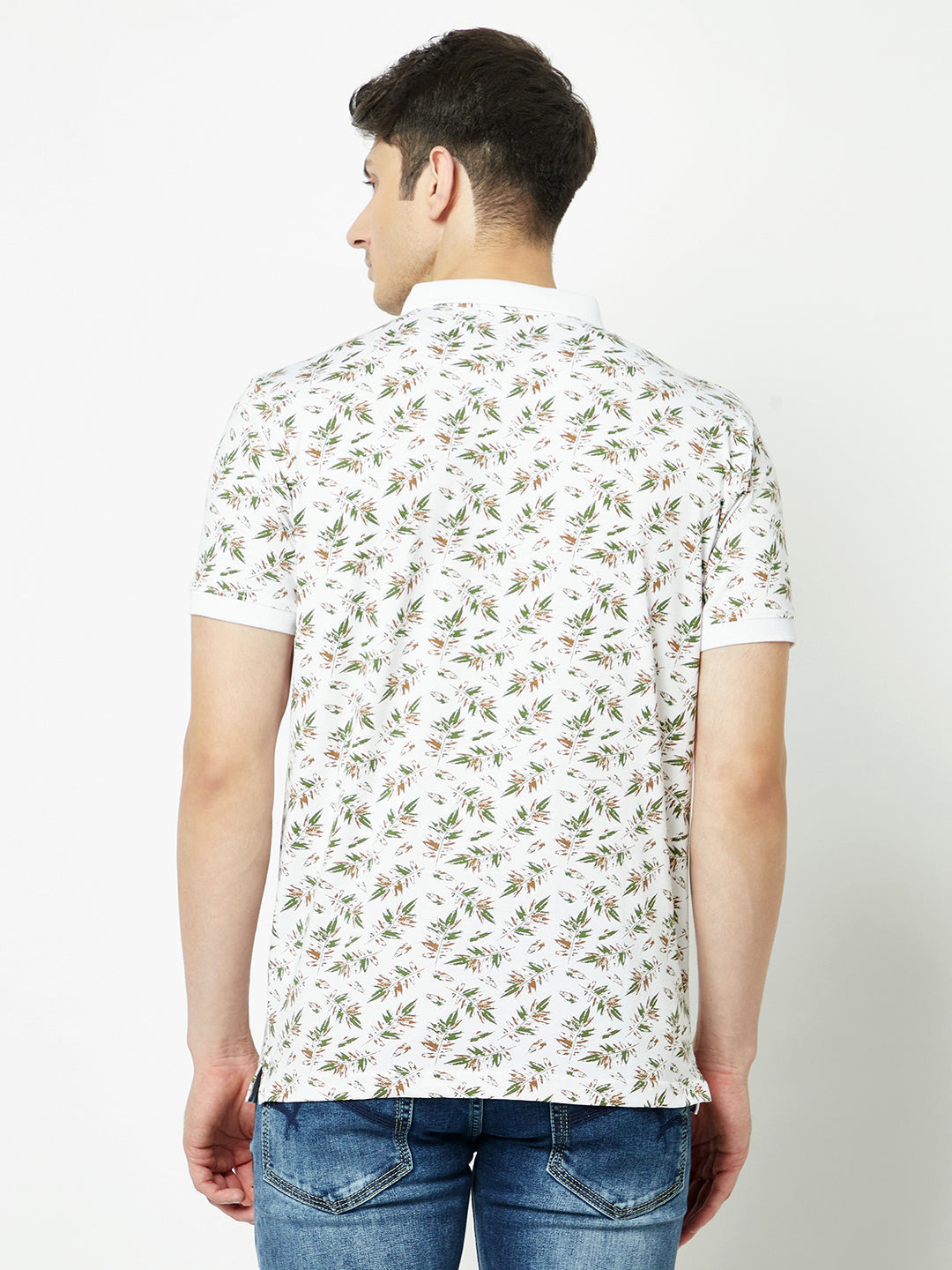  White Leaf-Print Polo T-Shirt