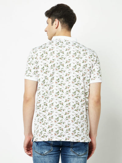  White Leaf-Print Polo T-Shirt