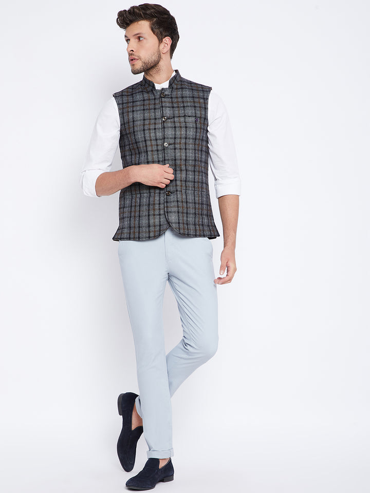 Grey Checked Reversible Waistcoat - Men Waist Coat