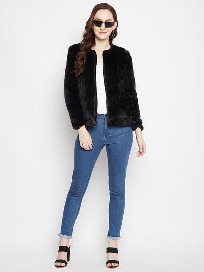 Black Round Neck Fur Blazer - Women Blazer