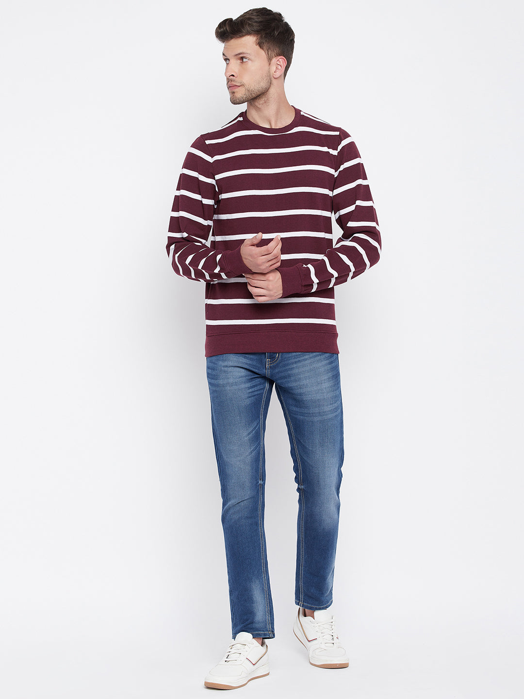 Maroon Striped Round Neck Sweatshirt - Men Sweatshirts