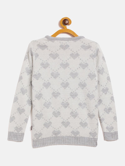 Grey Printed Round Neck Sweater - Girls Sweaters